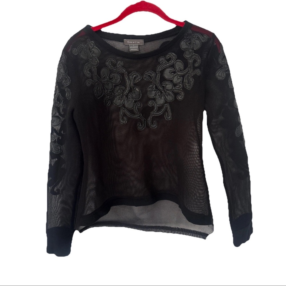 GRACIA Women’s Sexy Black Faux Leather Mermaid Scales MESH Blouse Size L - Picture 14 of 16